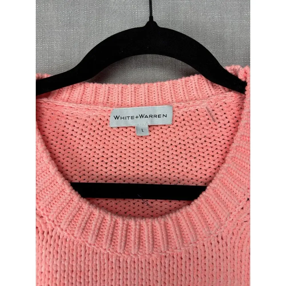 WHITE + WARREN womens size M open knit Neon coral cotton Blend sweater